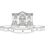 Line art sketch of an ornate marble fountain featuring central sculptures, decorative panels, and surrounding architecture.