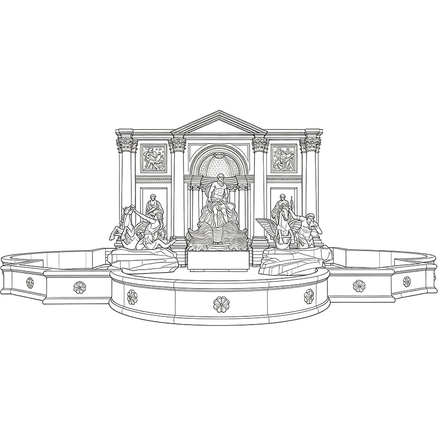 Line art sketch of an ornate marble fountain featuring central sculptures, decorative panels, and surrounding architecture.