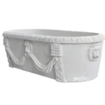Elegant marble planter with detailed lion reliefs and draped garland motifs, showcasing intricate craftsmanship.