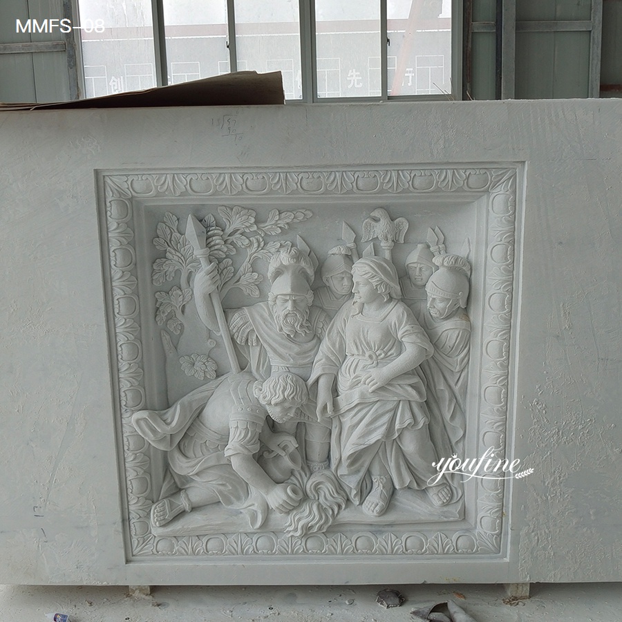 A detailed marble relief sculpture showing a biblical-themed scene with multiple figures, including soldiers and a kneeling individual.