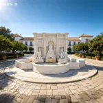 Elegant marble fountain with intricate sculptures in a spacious courtyard surrounded by trees and traditional-style buildings.