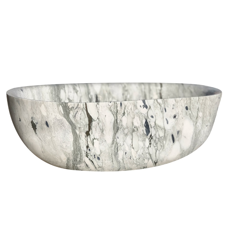 Oval-shaped bowl made from natural marble with intricate stone patterns in gray and white tones, ideal for decorative or functional use.