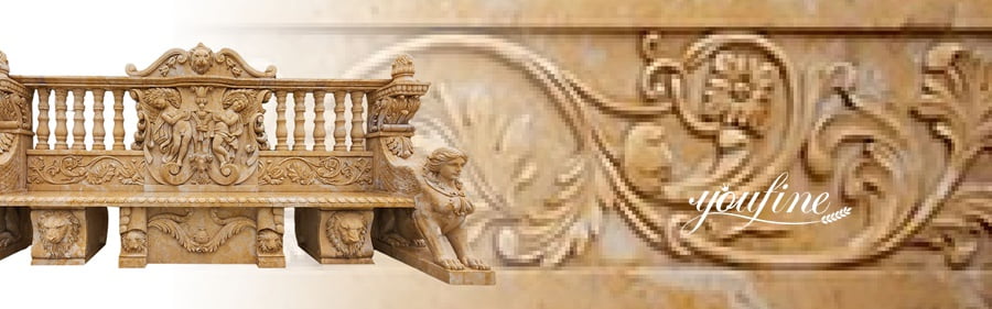 Elegant marble bench featuring intricate floral and lion carvings, perfect for high-end garden or estate decor.