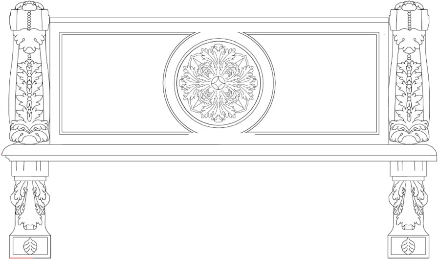 Design Example 2-Line drawing of an ornate marble mantel design featuring intricate floral and leaf patterns.