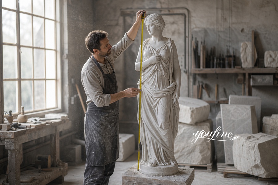 A skilled artisan in a workshop measuring a detailed marble sculpture of a classical female figure with a measuring tape.