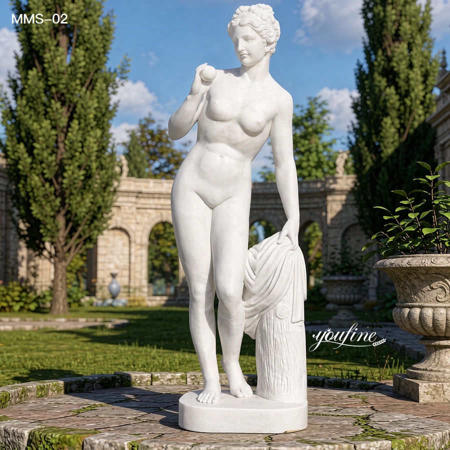 A finely detailed marble statue depicting a classical figure holding an apple, displayed in an elegant garden with stone arches.