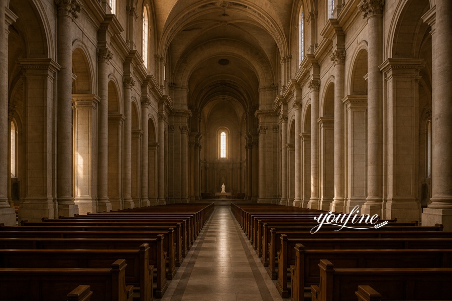 Elegant cathedral interior with marble columns, detailed arches, wooden pews, and a central marble statue under soft light.