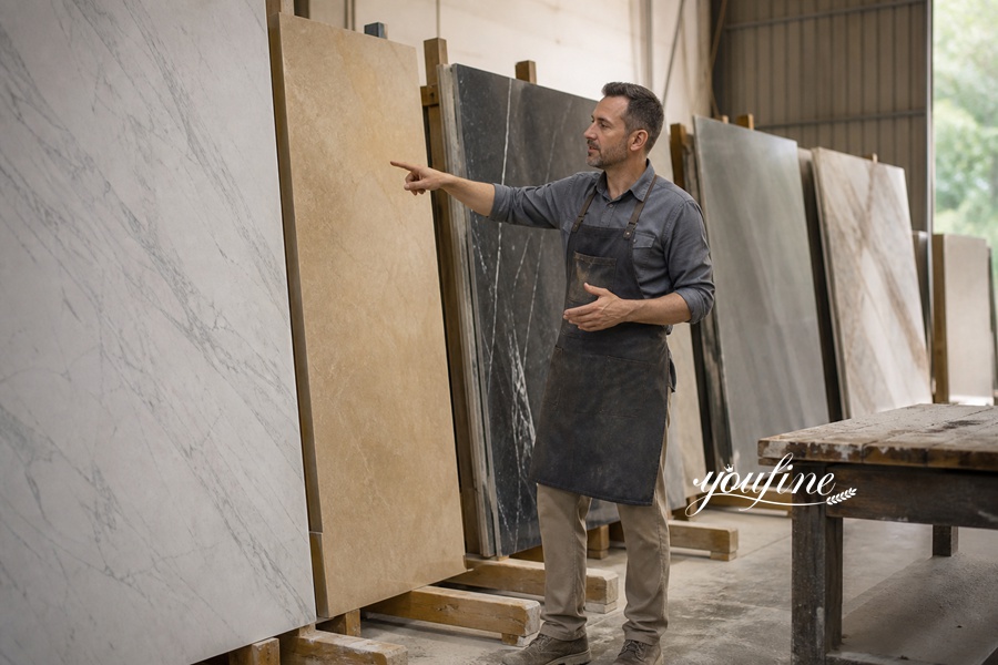 A craftsman wearing an apron examines and points at large marble slabs in a workshop setting, surrounded by a variety of marble textures.