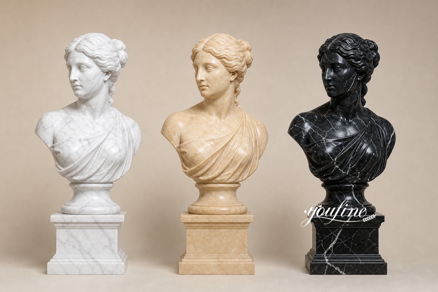 A trio of marble bust sculptures featuring a goddess, crafted in white, beige, and black marble finishes, showcasing intricate detailing.