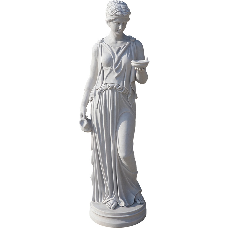 White marble sculpture of a robed goddess holding a cup and vessel, showcasing detailed craftsmanship and classic elegance.