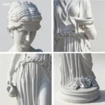 Close-up details of a white marble goddess statue, showcasing intricate facial features, delicate hands holding objects, and graceful flowing drapery.