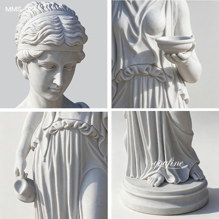 Close-up details of a white marble goddess statue, showcasing intricate facial features, delicate hands holding objects, and graceful flowing drapery.