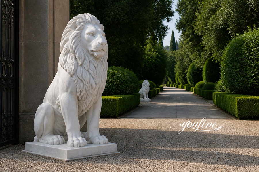 A detailed marble lion statue at the entrance of a formal garden pathway, surrounded by manicured greenery and a serene environment.