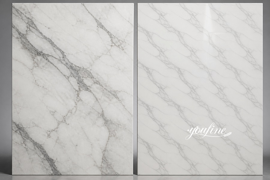 Two marble panels side by side showcasing different natural textures and vein patterns against a neutral background.