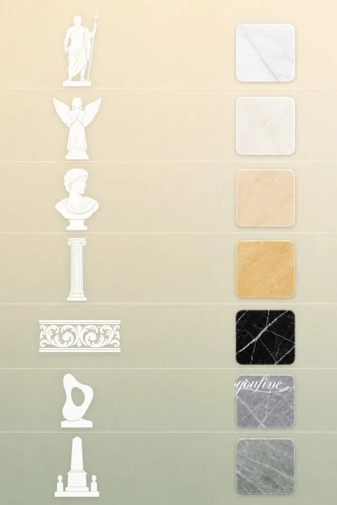 Visual chart displaying various marble sculpture designs and corresponding marble material options in different colors and textures.