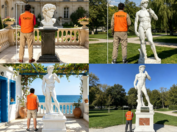 Various marble sculptures, including busts and full-size statues, shown alongside a person for human size comparison in outdoor settings.