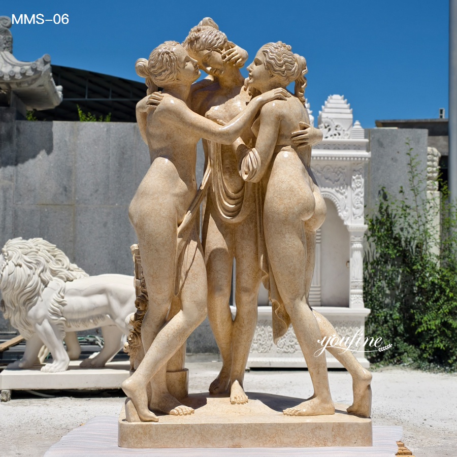 Exquisite marble sculpture depicting the Three Graces in embrace with detailed carving and warm stone color, set outdoors.