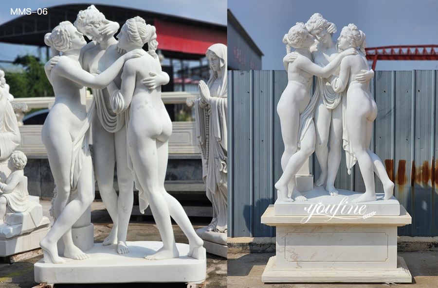 A finely detailed white marble sculpture of the Three Graces, showcasing their intertwined forms on an ornate pedestal, displayed outdoors.