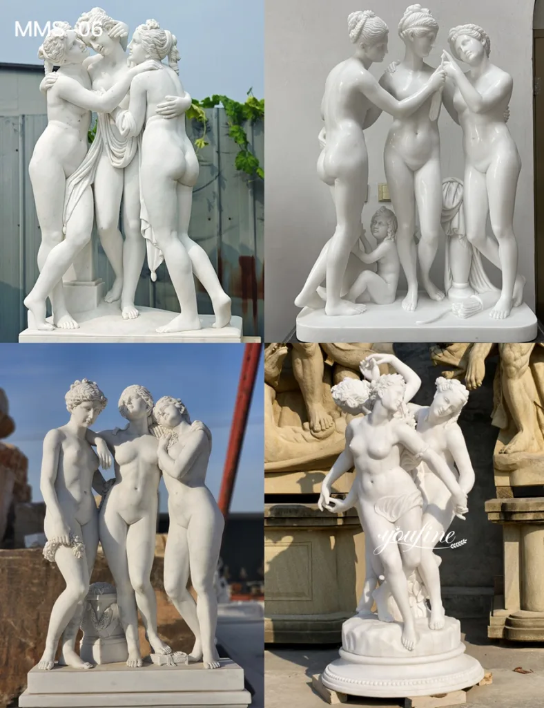 Four exquisite marble sculptures depicting the Three Graces, showcasing intricate detailing and graceful artistry.