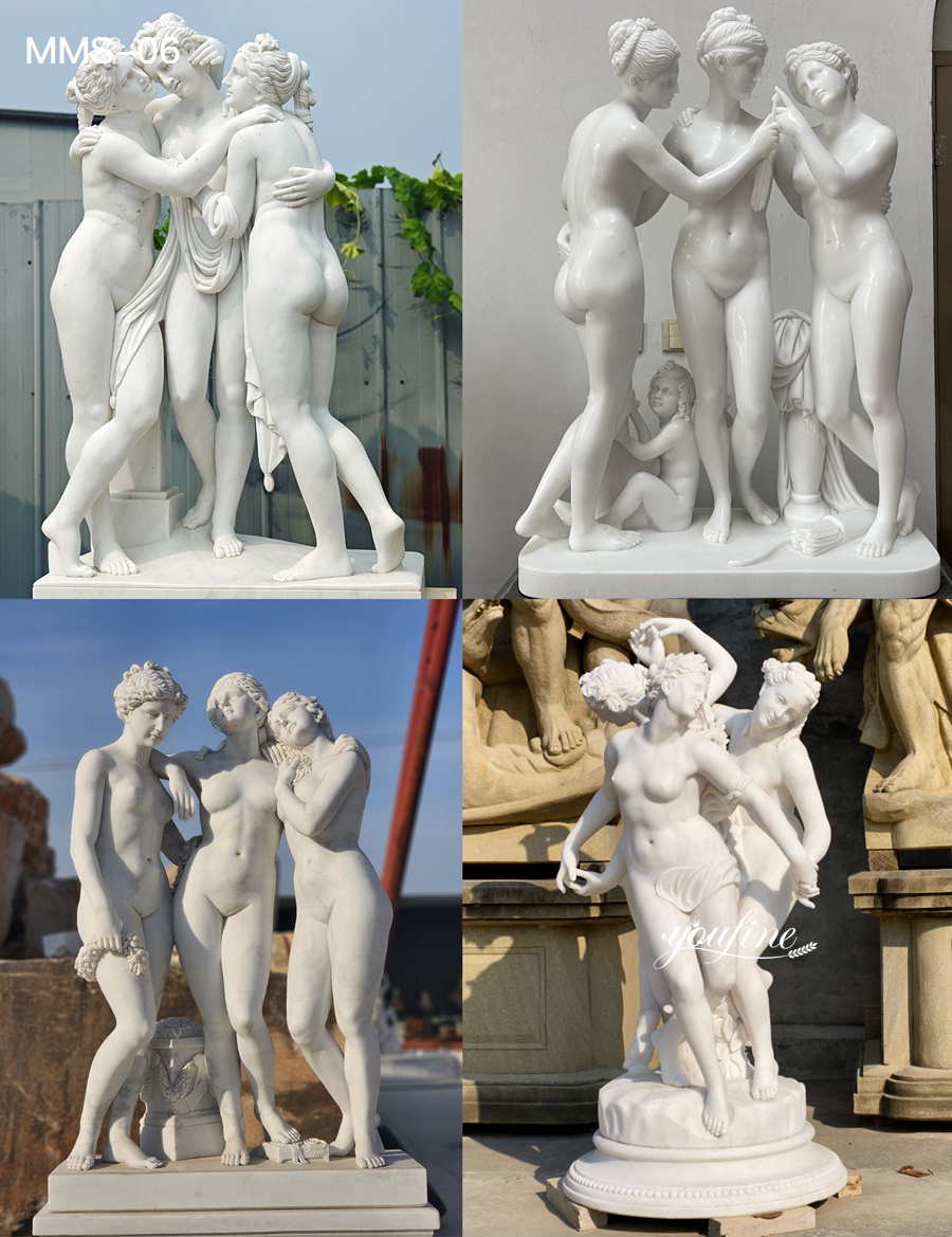 Four exquisite marble sculptures depicting the Three Graces, showcasing intricate detailing and graceful artistry.