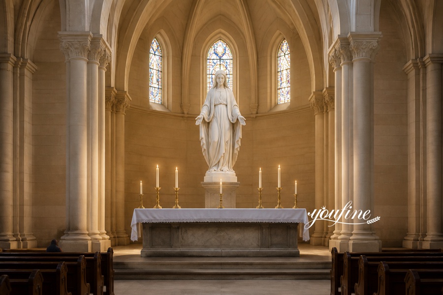 A white marble Virgin Mary statue placed behind a church altar, surrounded by six lit candles, with stained glass windows in the background.