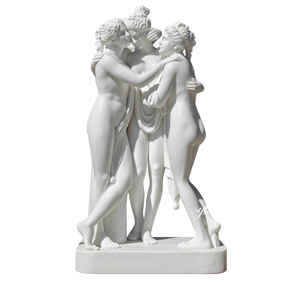 Fine marble sculpture depicting the Three Graces embracing, showcasing intricate details and classical artistry.