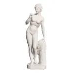Elegant white marble sculpture of a nude female figure holding an object and leaning on a draped post, showcasing classical design.