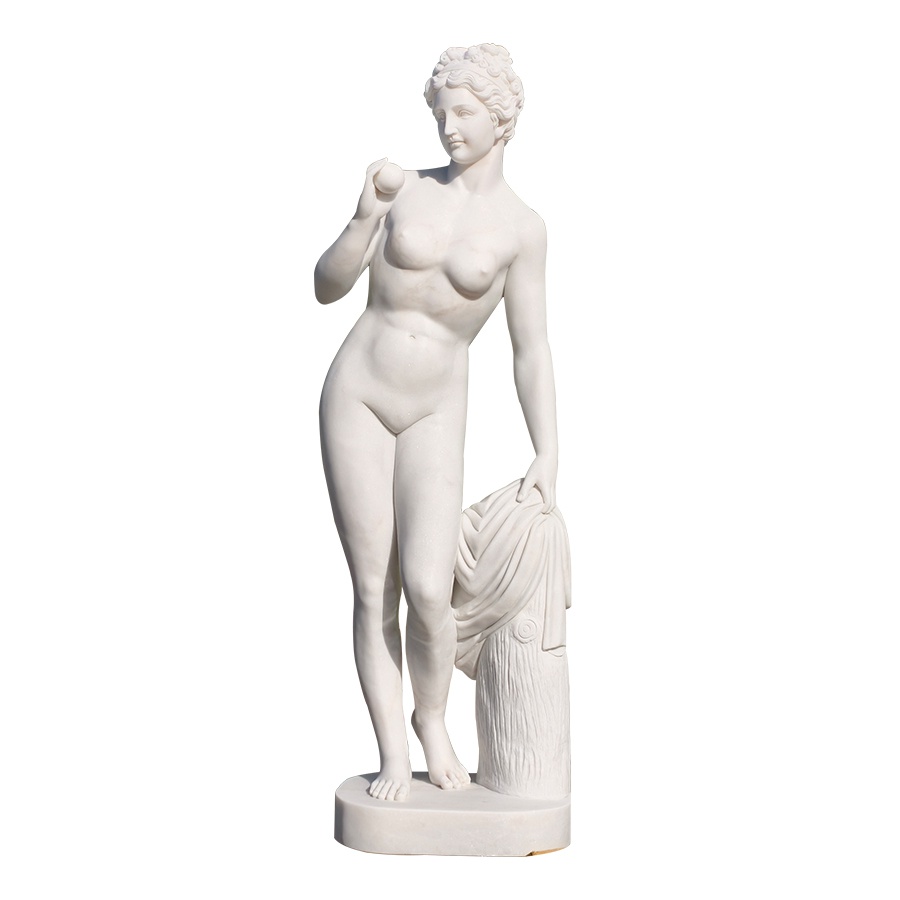 Elegant white marble sculpture of a nude female figure holding an object and leaning on a draped post, showcasing classical design.