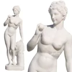Elegant white marble statue of Venus holding an orb, featuring intricate carving of facial features, hair, and draped cloth.