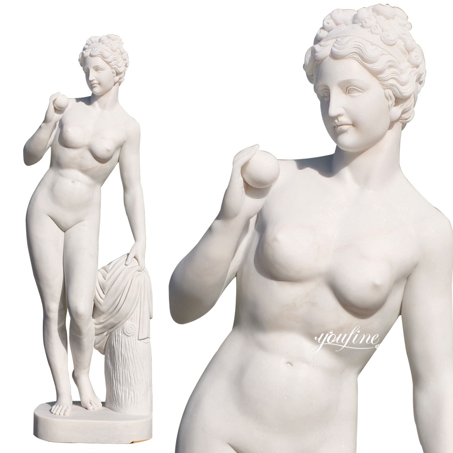 Elegant white marble statue of Venus holding an orb, featuring intricate carving of facial features, hair, and draped cloth.