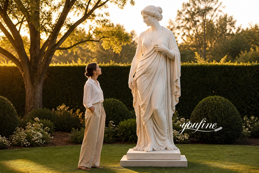 A woman in casual white and beige outfit stands admiring a tall marble statue of a goddess in a beautiful garden during sunset.