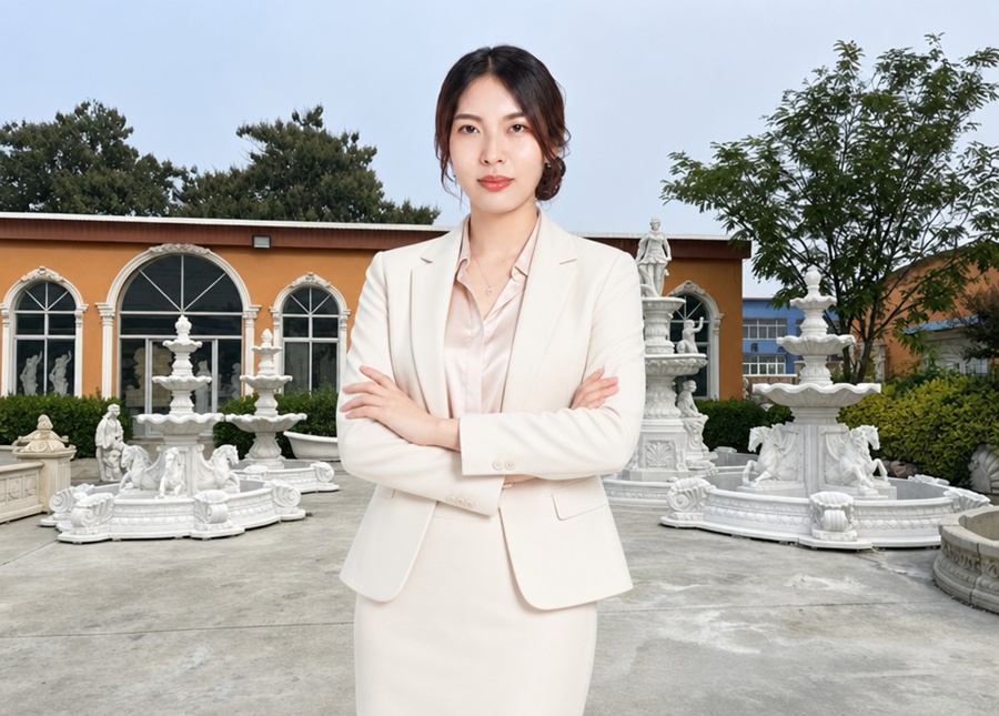 A confident businesswoman in a white suit standing with crossed arms in front of a garden featuring marble sculptures and fountains.