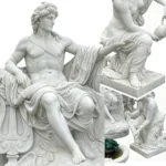 A detailed classical marble sculpture of seated figures with flowing drapery and intricate carving accents, showcasing artistic craftsmanship.