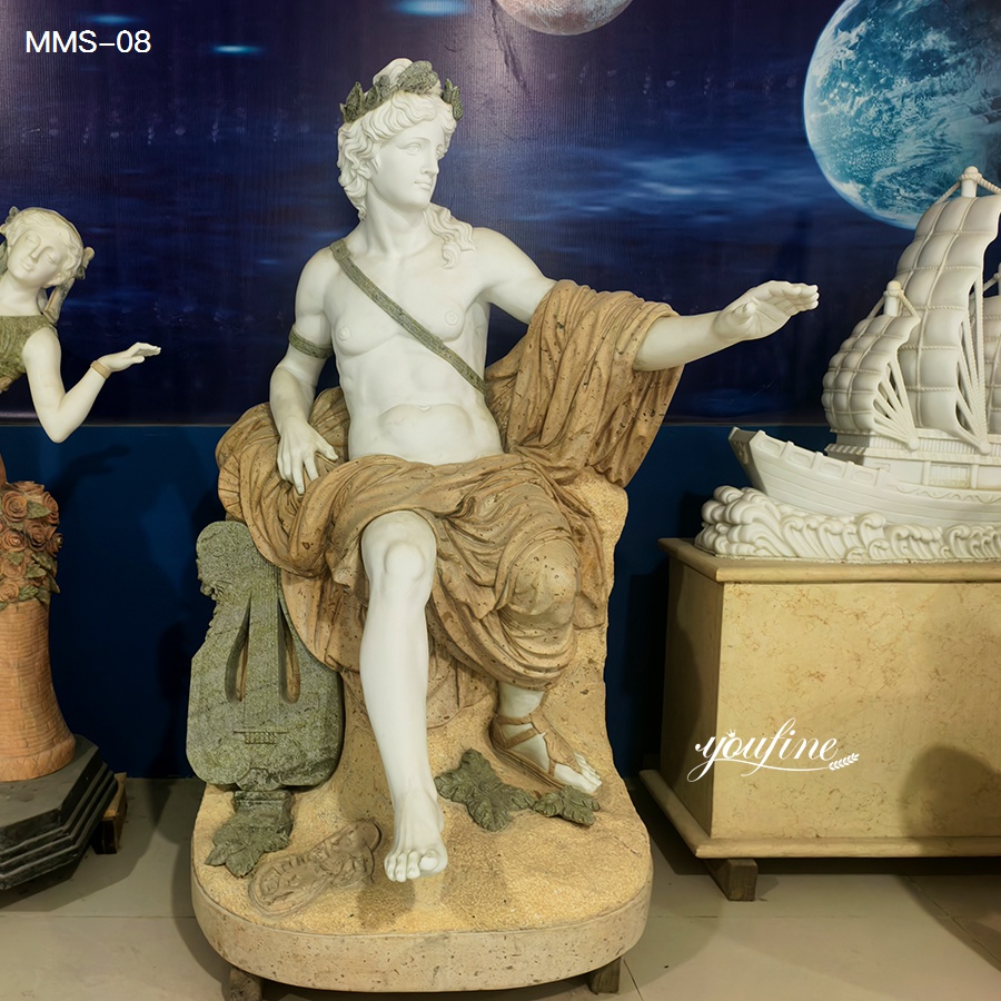 Classical marble statue of a seated ancient deity adorned with a laurel wreath and draped robes, displayed in an artistic setting.