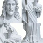 Close-up views of a marble sculpture of Jesus holding a lamb, with intricate details on the face, hands, and lamb.
