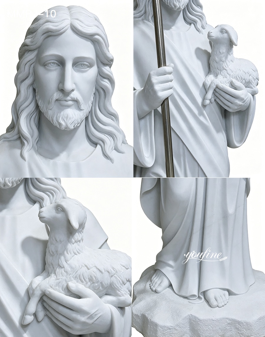 Close-up views of a marble sculpture of Jesus holding a lamb, with intricate details on the face, hands, and lamb.