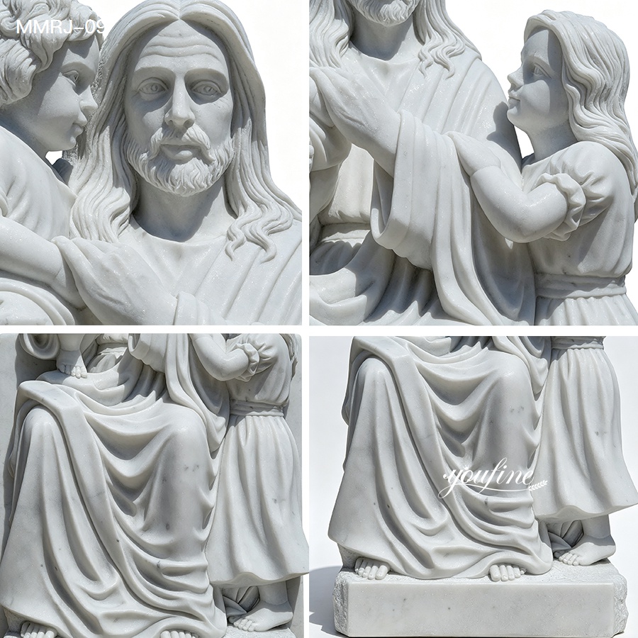 Close-up of a white marble sculpture depicting Jesus with children, showcasing intricate details of the design and expressions.