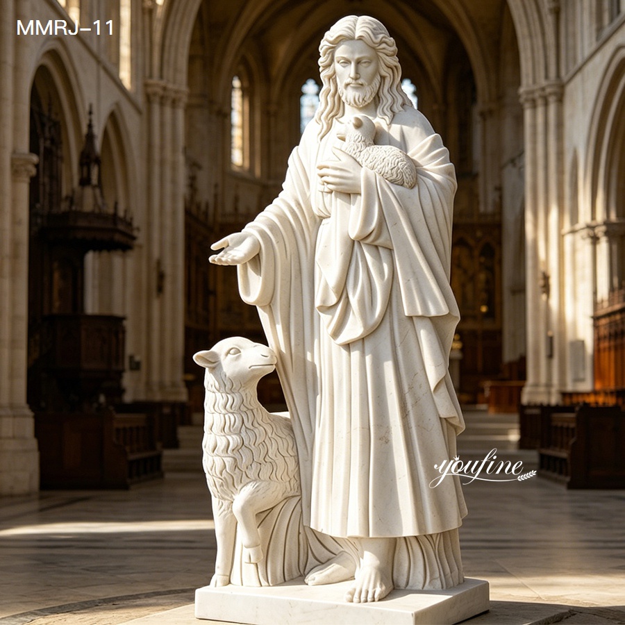 A detailed white marble sculpture of Jesus holding a lamb while another lamb sits by His feet in a tranquil church environment.