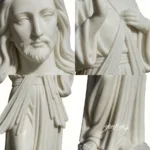 Close-up details of a white marble Jesus Christ sculpture with intricate facial expression, hands, draped robes, and base design.
