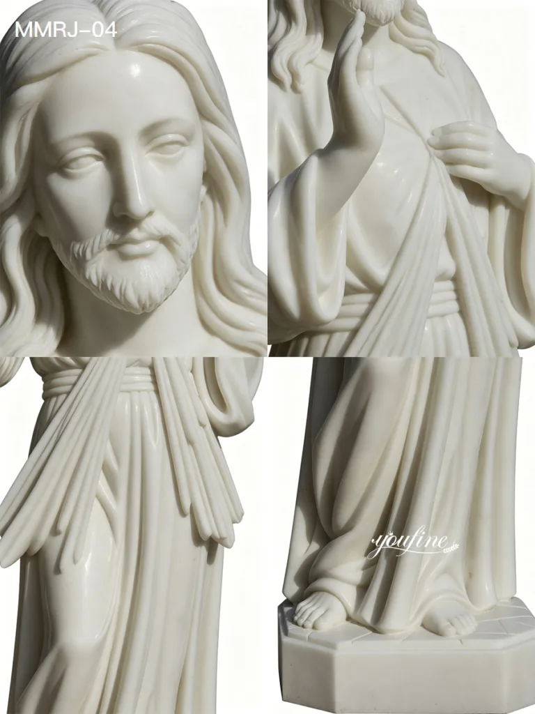 Close-up details of a white marble Jesus Christ sculpture with intricate facial expression, hands, draped robes, and base design.
