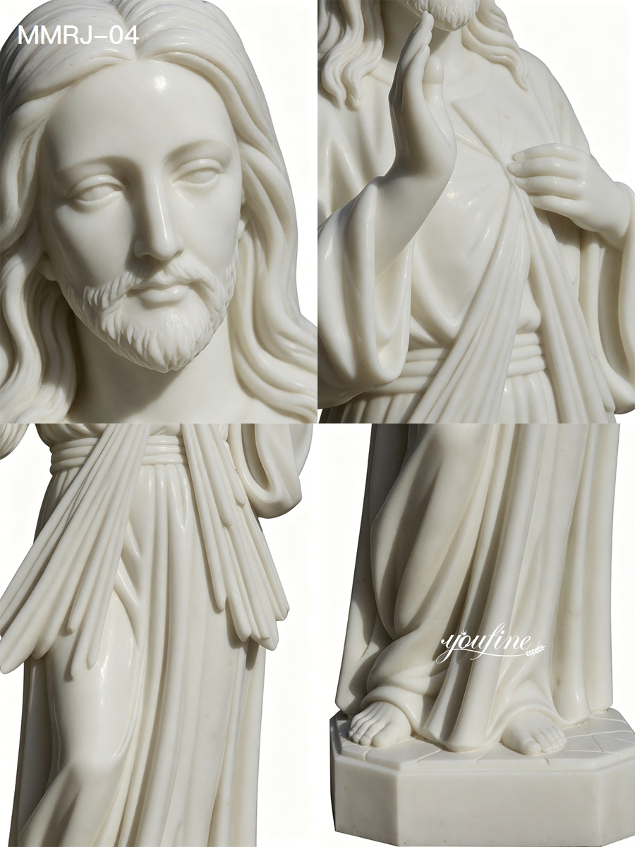 Close-up details of a white marble Jesus Christ sculpture with intricate facial expression, hands, draped robes, and base design.