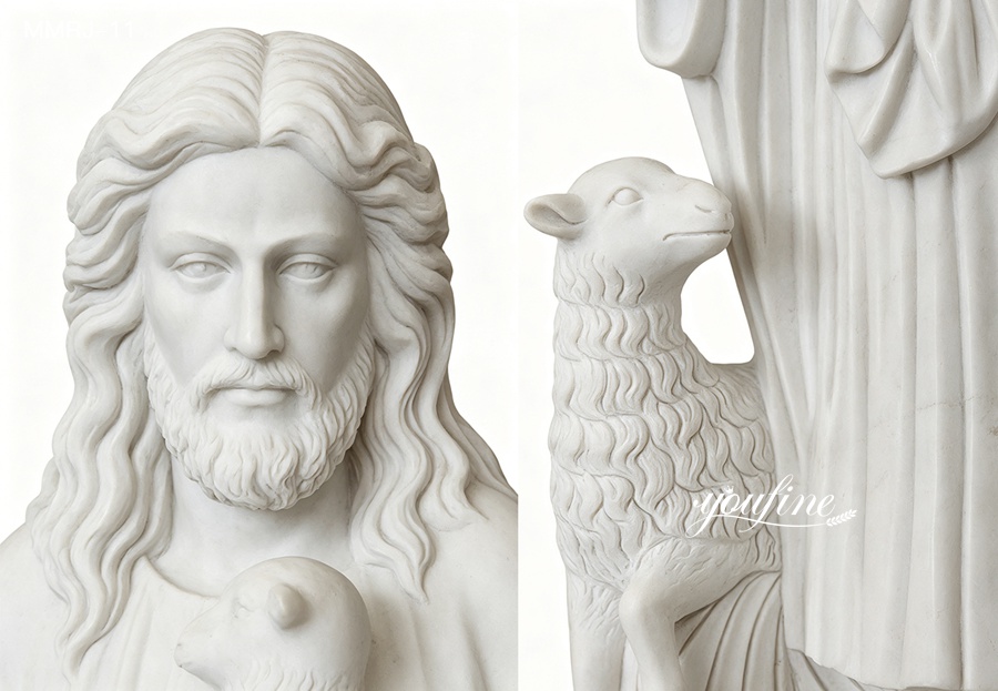 Close-up of a marble sculpture featuring Jesus's serene face and detailed lamb at his side, showcasing expert craftsmanship.