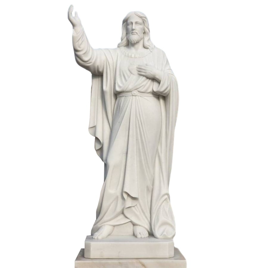 Exquisite white marble statue of Jesus Christ with one hand raised and the other on his chest, showcasing detailed carving.