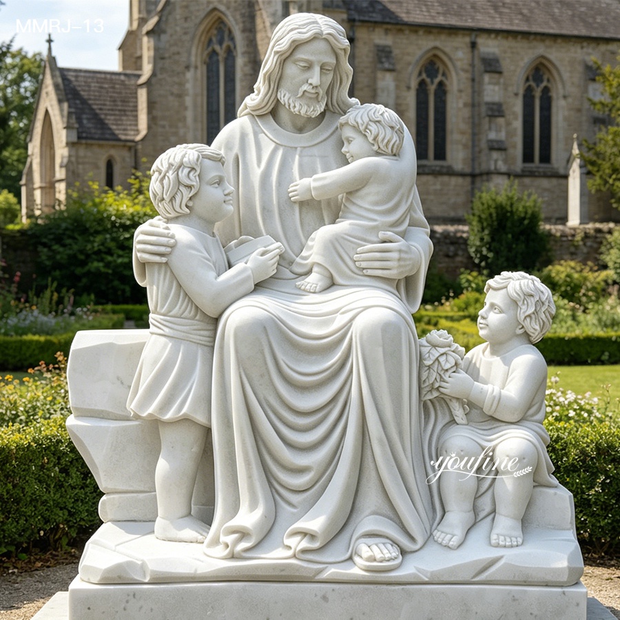 Elegant white marble sculpture depicting Jesus seated with three children in a garden, with a historic church in the background.