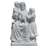 A detailed white marble sculpture of Jesus seated with two children, showcasing intricate craftsmanship and lifelike details.
