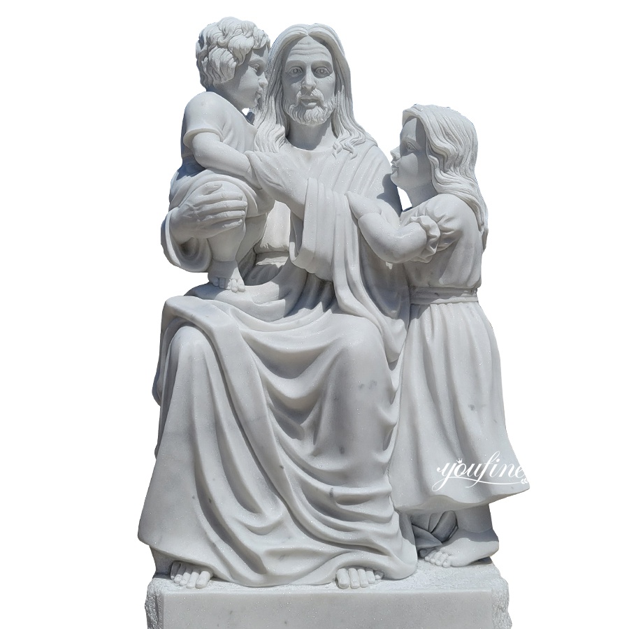 A detailed white marble sculpture of Jesus seated with two children, showcasing intricate craftsmanship and lifelike details.