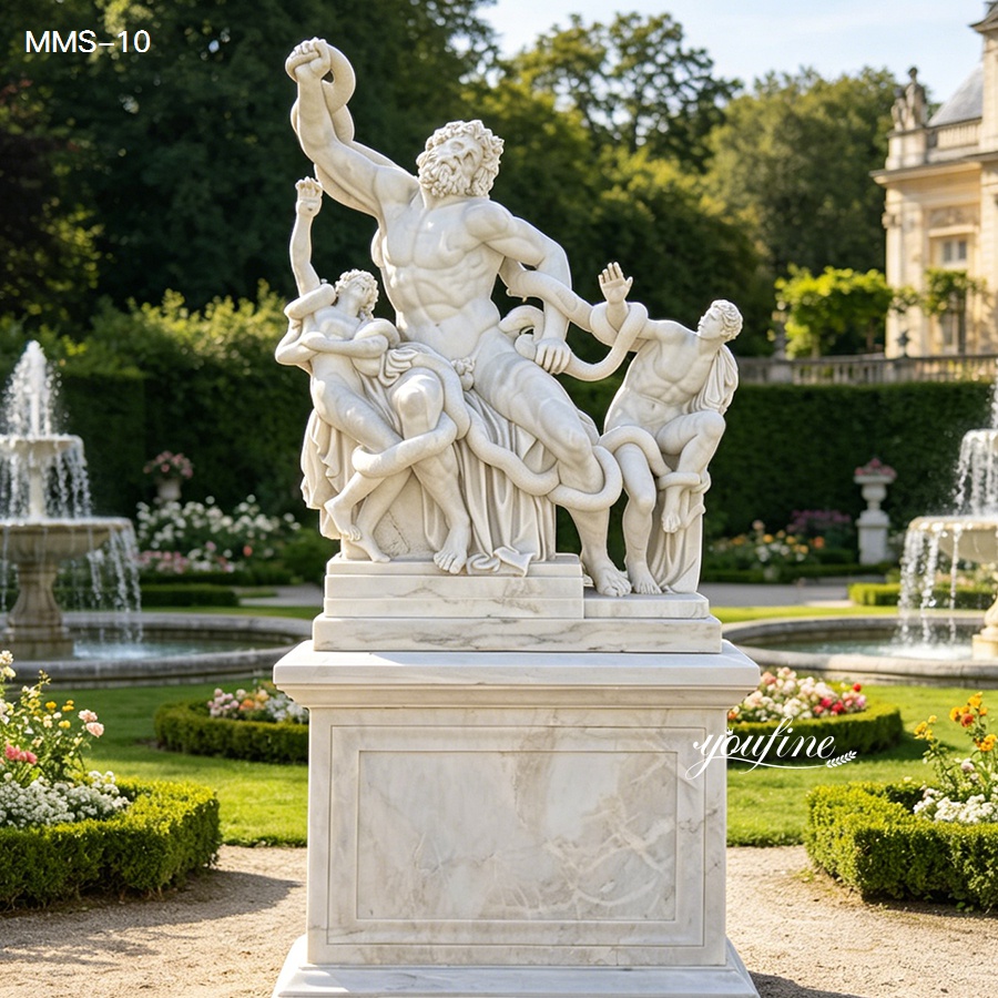Detailed Laocoön-inspired white marble sculpture depicting entwined figures with serpents placed in a formal garden setting.