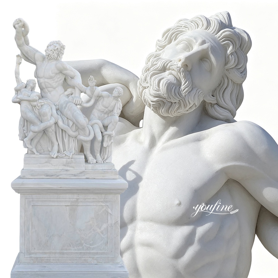 A detailed marble sculpture of Laocoon and his sons, depicting dynamic poses and vivid emotions, crafted in high-quality white marble.