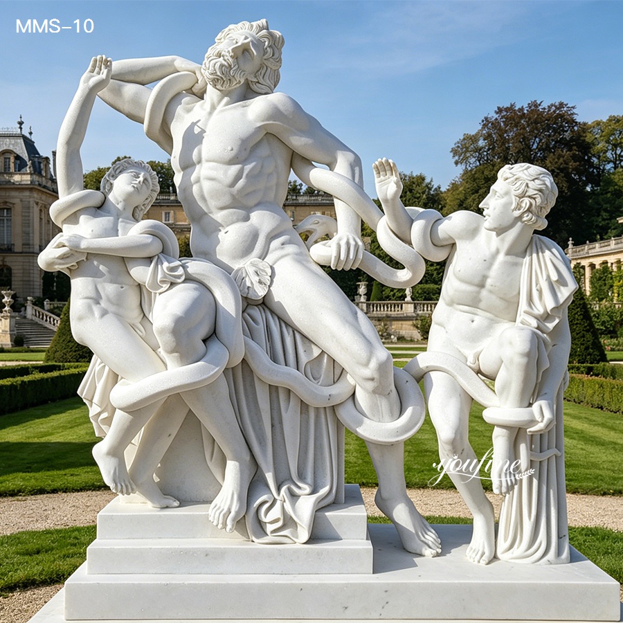 Intricately carved marble sculpture of Laocoön and his sons entangled by snakes, displayed in a classical garden setting.