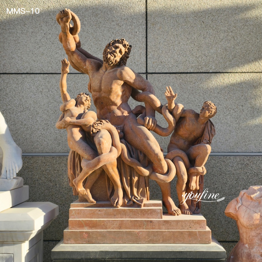 A life-sized marble sculpture of Laocoön and His Sons, depicting dramatic expressions and intricate detail against a neutral wall.
